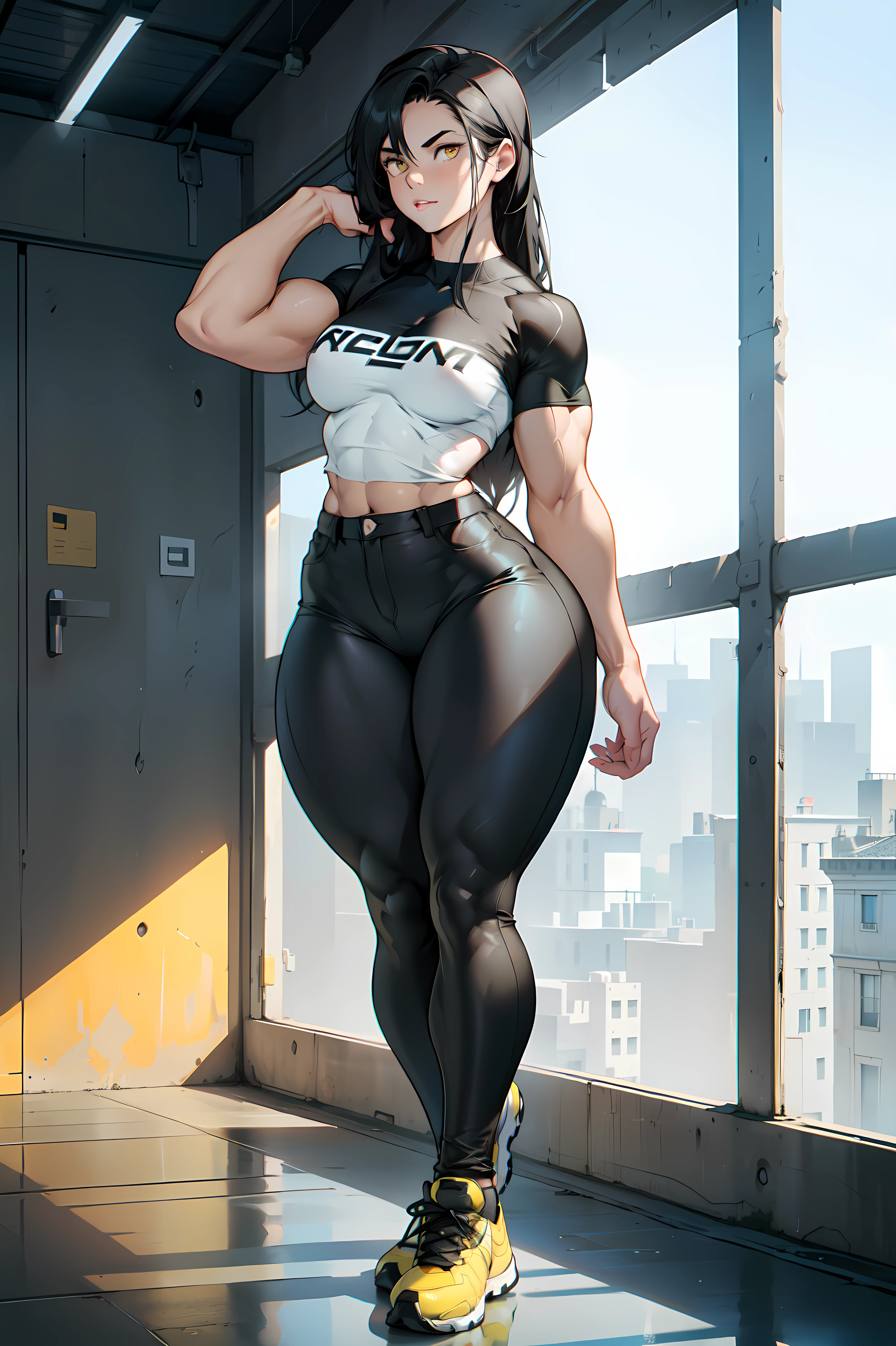 ((((muscular 1girl)))) (((thick thighs toned body small breasts))) (pale skin) black hair yellow eyes very long hair ((full body)) tight shirt tight pants