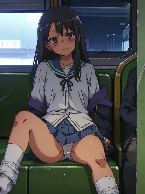 (1) Sitting alone on a long seat in a train,Spreading her legs、Showing white panties, Composition from the front,Low - Angle
(2) She is a JK, She is wearing a uniform consisting of a miniskirt, sailor suit and loose socks..
(3) she has medium length brown hair.
(4) Her expression is provocative and smirking.
(5) The location is a long seat on the Yamanote Line at night.. There are no other customers. The view outside the window is the night view of the city.