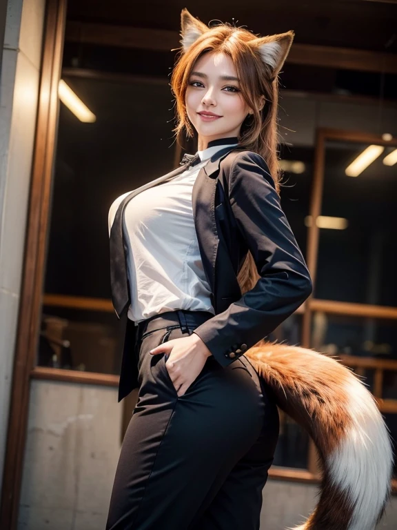 ((highest quality, 32k)), ((masterpiece)), (Get used to it), Perfect Face, Fox Girl, Beautiful woman, public, There is a tail, she has a fox tail, She wags her fluffy tail, smile, collar, She wears a business suit, Beautiful hip line, A tail sticking out from a business suit, Big Ass