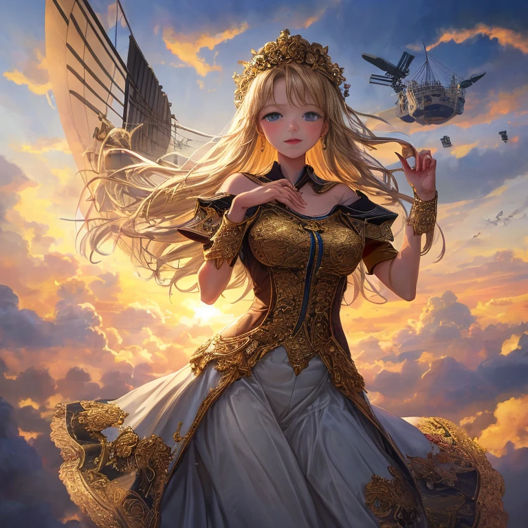 A beautiful ivory and gold airship floats gracefully among the clouds.. The airship has an ivory body and intricate detailing with gold accents.。. The craftsmanship is of the highest quality, Exquisite carvings and intricate patterns. The clouds surrounding the airship create a dreamy, fantastical atmosphere.. The sunlight filters through the clouds, Casts a golden glow on the airship. The scene is captured in the medium of digital illustration., Combining photo realism with the artistic touch of concept art. The colors are vibrant and vivid, Warm colors with gold and ivory tones. The lighting is soft、And it's dramatic., Highlight the elegance and grandeur of the airship. Overall image quality is exceptional, Ultra-detailed elements and high-resolution rendering. Down to the last detail, indivual々From clouds to the smallest gold decorations, Perfectly expressed. This prompt is、An ivory and gold airship is said to be floating in the clouds.、Carefully designed to produce visually stunning and awe-inspiring images。.、steampunk