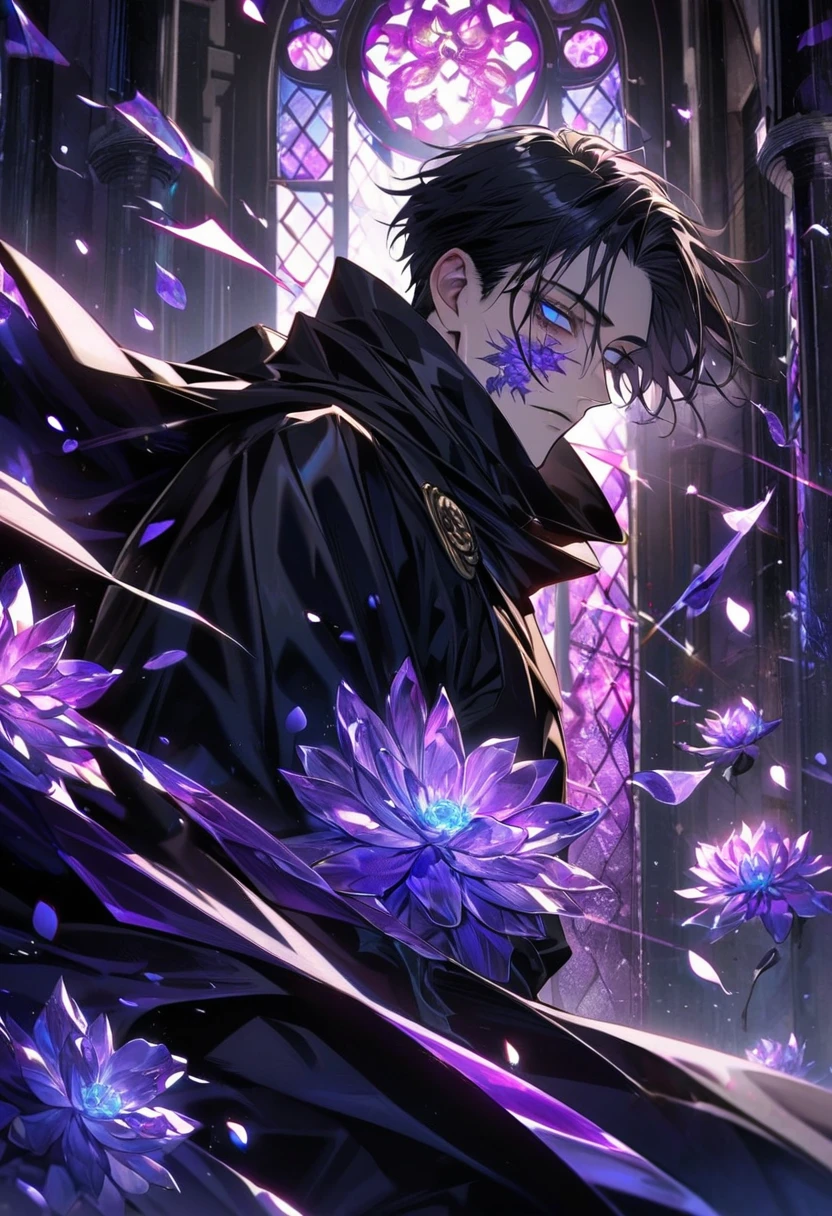Ultra detailed, HDR, Highres, absurdres, master piece, Okkotsu Yuta, expressive blue eyes, black hair, dark circles under the eyes, Jujutsu Kaisen, black coat with patterns, black tight shirt, purple stained glass, purple ice, petals, purple ice flowers, sexy man, solo, extremely detailed face and eyes, extremely handsome, glittering, black cape,