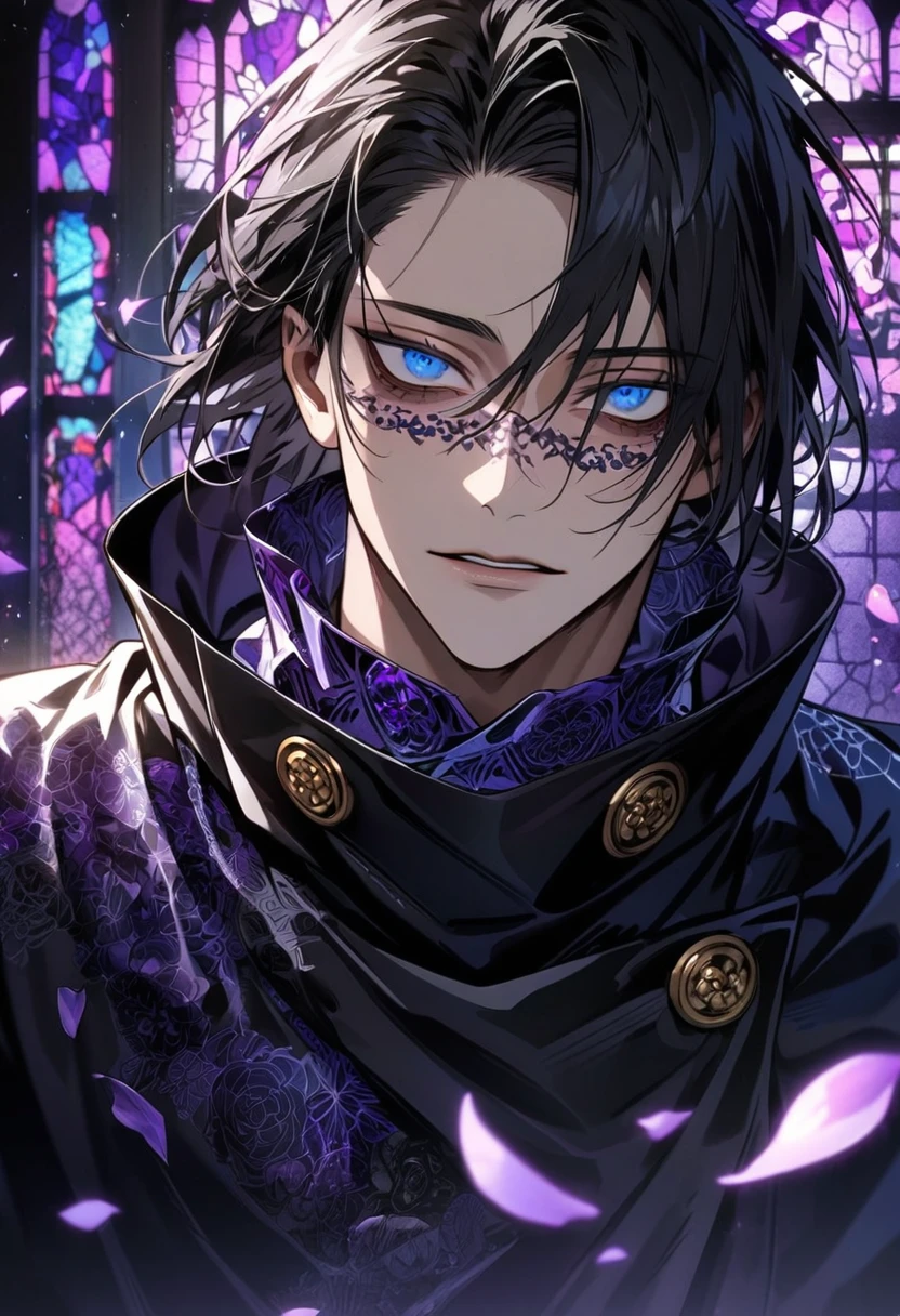 Ultra detailed, HDR, Highres, absurdres, master piece, Okkotsu Yuta, expressive blue eyes, black hair, dark circles under the eyes, Jujutsu Kaisen, black coat with patterns, black tight shirt, purple stained glass, purple ice, petals, purple ice flowers, sexy man, solo, extremely detailed face and eyes, extremely handsome, glittering, black cape,