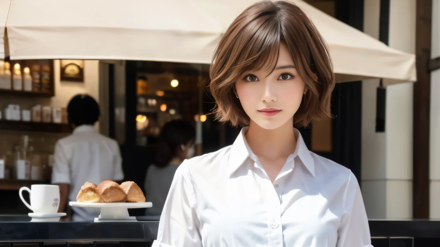 super high quality, Fashion Model, Short Hair, Slender, The staff is working at the counter in the back., (8k、RAW Photos、highest quality、masterpiece:1.2), Japanese Idol, Serious expression, Shaggy, Brown Hair, Stylish café, Fashion magazine shooting, (Realistic、Photorealistic:1.37), Beautiful Face , Mesh Hair, Normal chest, Urban Cafe, Golden Ratio, A gentle gaze, Spring Clothes, Beautiful hairstyle, White Shirt, Neat clothes,