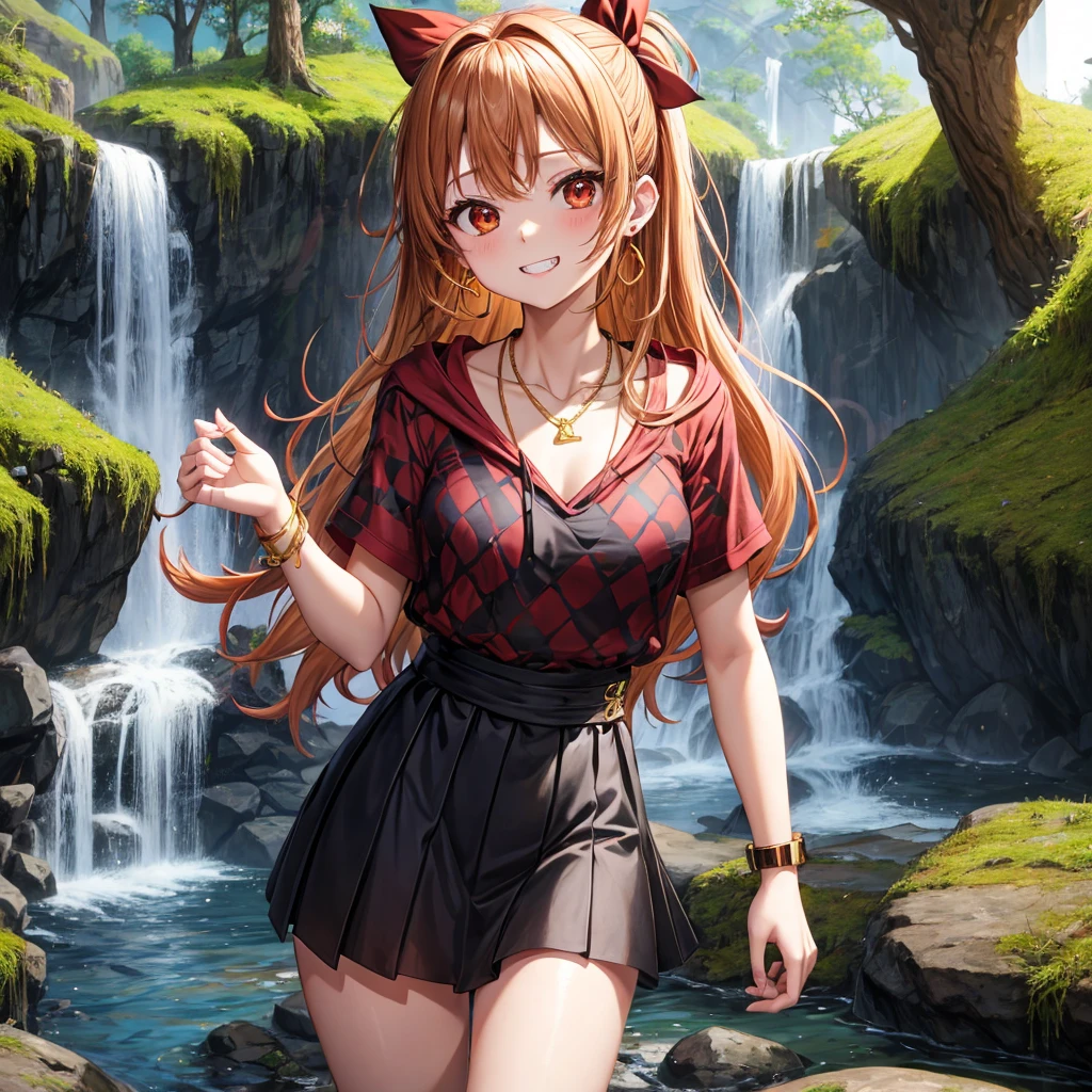 Brown, red, gold, golden hair、Red eyes、One good looking girl、solo、anime、Checkered mini skirt、Black camisole、Black T-shirt、hoodie、Wearing a ribbon、Ribbon on waist、Crystal Earrings、Gemstone Necklace、Light and shadow、Tilting face、Teeth are visible、waterfall、Kuroko、tunnel、pylon、Sunset sky、Towering、frilled lizard、light、flash、Barrel、Wife、loose、moss