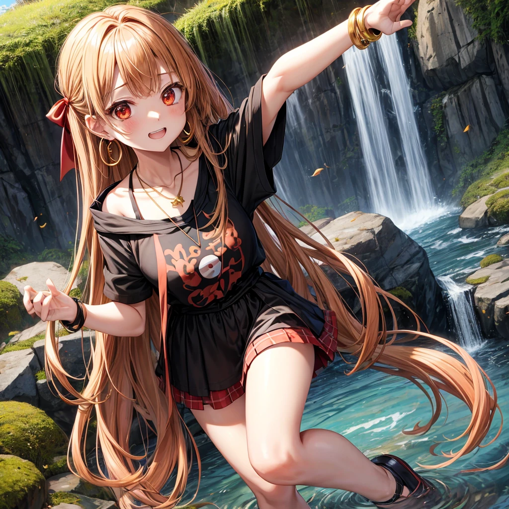 Brown, red, gold, golden hair、Red eyes、One good looking girl、solo、anime、Checkered mini skirt、Black camisole、Black T-shirt、hoodie、Wearing a ribbon、Ribbon on waist、Crystal Earrings、Gemstone Necklace、Light and shadow、Tilting face、Teeth are visible、waterfall、Kuroko、tunnel、pylon、Sunset sky、Towering、frilled lizard、light、flash、Barrel、Wife、loose、moss