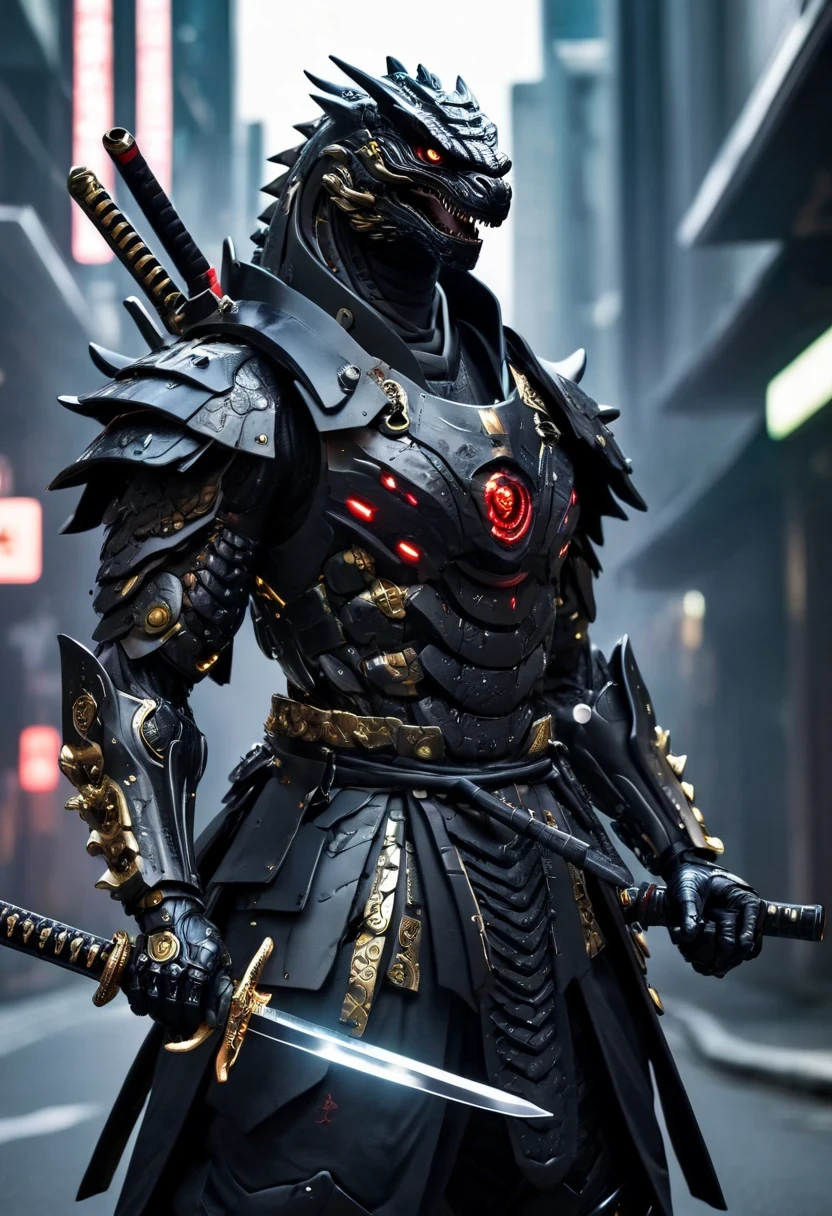 araffe dressed in a black suit holding a sword and a sword, cyborg samurai, cyber japan samurai armor, cyberpunk samurai, very beautiful cyberpunk samurai, full samurai armor godzilla , bio - mechanical ninja samurai, portrait of a cyberpunk samurai, cyber japan style armor, cyber japan armor, celtic and cyberpunk armor, black godzilla samurai, intricate assasin mecha godzilla. armor