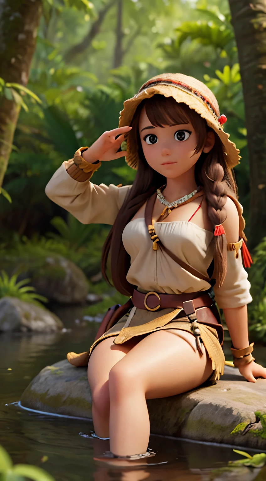 Beautiful face. Adventurer girl Stone Age clothes, Siting the river , middle of tropical forest,masterpiece,UHD, hd detailed
