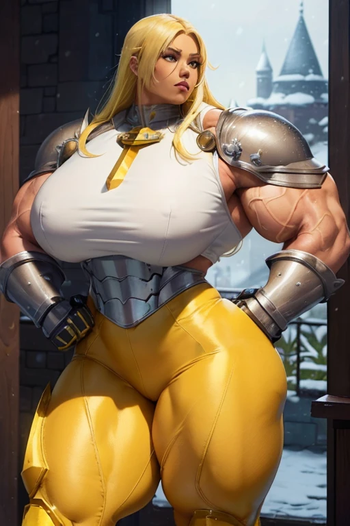 ((((Massive beautiful, buff, light brown skinned muscular paladin woman with yellow hair, black lipstick, ginormous bulky muscles and wearing full gleaming yellow paladin armored suit with tight pants)))), (close view), vascular, massive muscle, massive biceps, hyper muscle shoulders, hyper muscle triceps, (flowing long hair), gray eyes, (knight boots), metal armor, armored breastplate, gauntlets, determined look, (in a castle in heaven), snowfall, Vascular arms, hyper muscles arms, hyper muscle legs, massive buff arms.