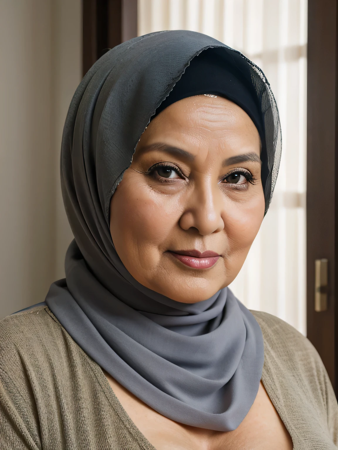 (Realistic) ((Sexy Hijab)) (real mature face) (old beauty) 68 Years old fat Brunei mature woman, sexy curvy, (sexy chubby body shape), Big : 34.9, soft smile, facing at camera, half body - professional photography with excellent lighting
