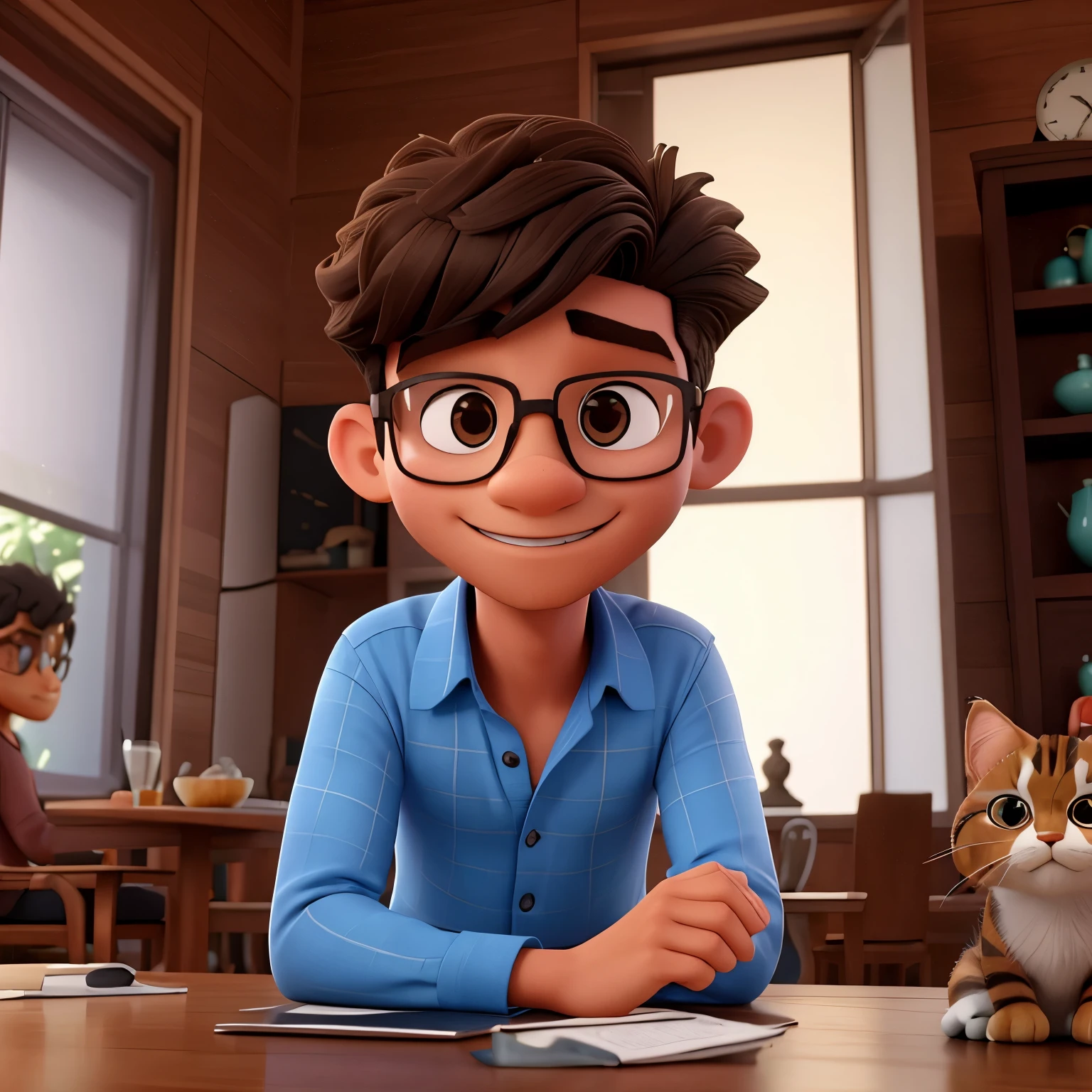 melhor qualidade, high resolution, imagem distinta, jovem, masculino, gordinho, with glasses, alto, cabelo curto e preto camisa social, suspensorio, dress pants, sapato social, sitting at a breakfast table with his cat, drinking coffee, gatos, preto, laranja e branco, ronronando, em cima da mesa