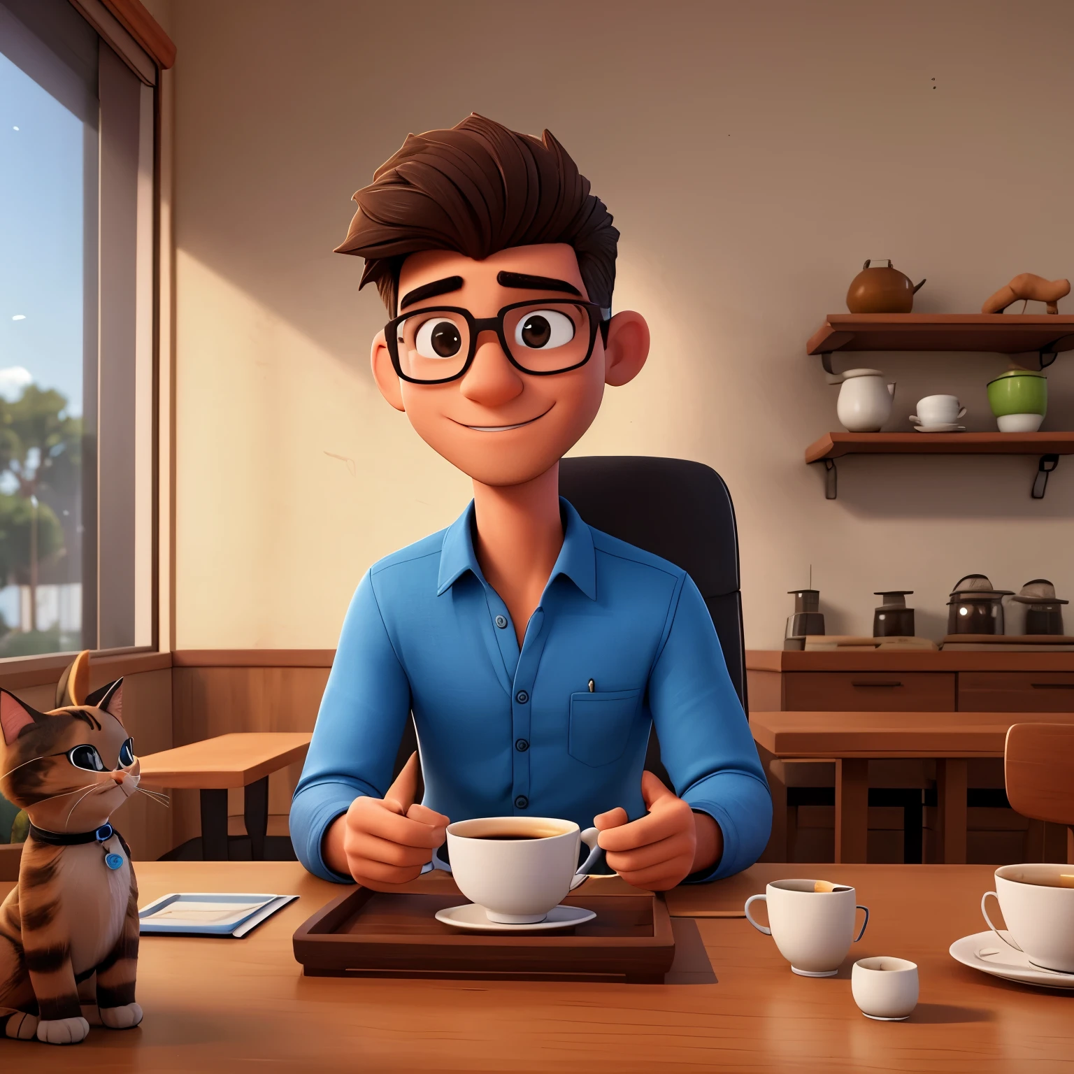 melhor qualidade, high resolution, imagem distinta, jovem, masculino, gordinho, with glasses, alto, cabelo curto e preto camisa social, suspensorio, dress pants, sapato social, sitting at a breakfast table with his cat, drinking coffee, gatos, preto, laranja e branco, ronronando, em cima da mesa