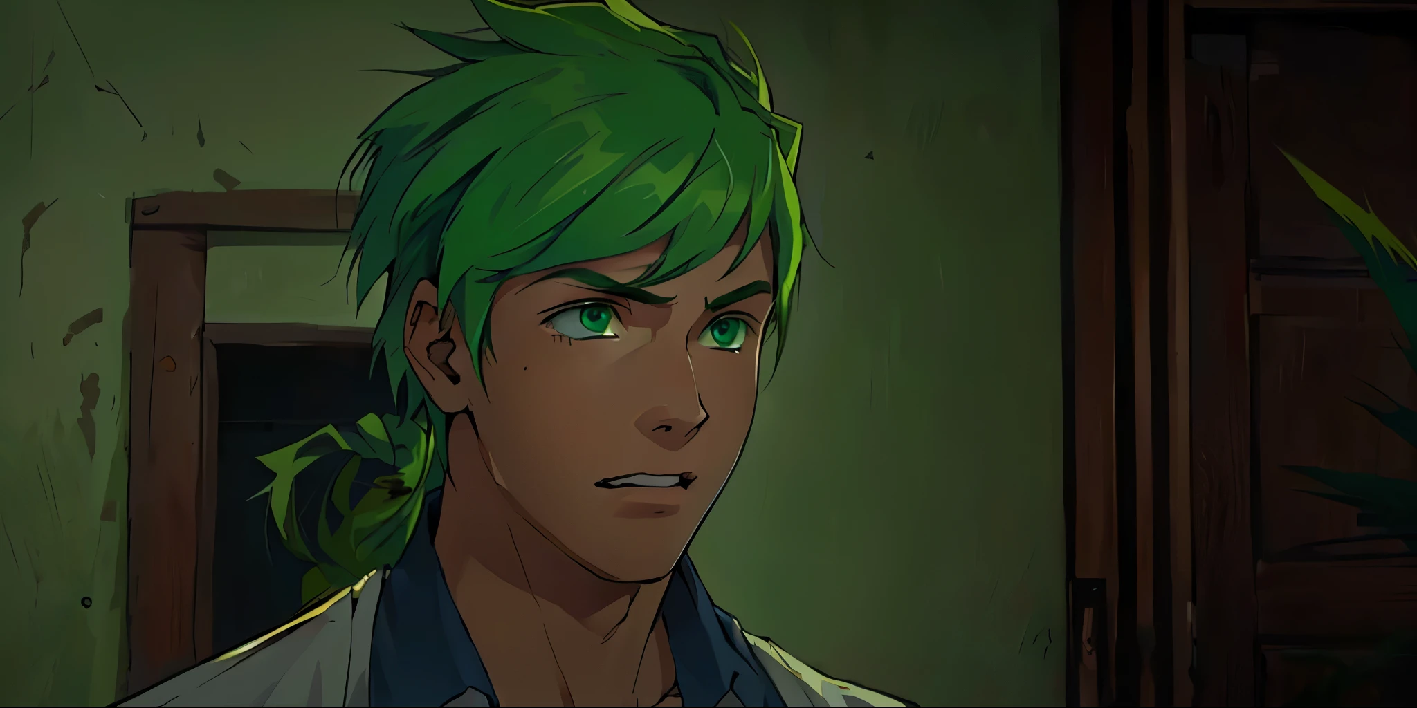 cute 16 year old green hair green eyes he is scared sad bewildered he is in shock 