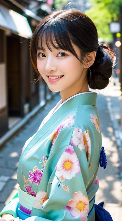 Professional Lighting,(Photorealistic:1.4), (Top image quality:1.0), (超A high resolution:1.0), 8k, Raw photography, (masterpiece:0.2), (Facing the children_v1:0.5)、(最高quality Detail:1.2)、Realistic、8K Ultra HD、High resolution、(1 girl:1.2)、超detailedな、High quality textures、複雑なdetailed、detailed、Very detailed CG、High quality shadows、detailed 美しく繊細な顔、Beautiful details and a delicate eye、(Symmetrical eyes:1.2),Written boundary depth、Ray Tracing,1 girl, Japanese Girls, (Natural smile:1.4),cute, thin, Portrait of a beautiful Japanese woman wearing a kimono, Standing elegantly on a street corner in Kyoto. Kimono with vibrant traditional patterns, Hair decorated with elegant and delicate hairpins, Gentle expression. (With the old streets of Kyoto in the background:1.4)、The soft light of a spring afternoon、Adding tranquility to the scene. Rendered in a Realistic style with great attention to detail, High resolutionの画像.Sky Porn, Magic Hour, (Realistic:1.3), finely, quality, (Tabletop:1.2), (Realistic:1.2), (最高quality), (複雑なdetailed), dramatic, Ray Tracing, photograph, +roller