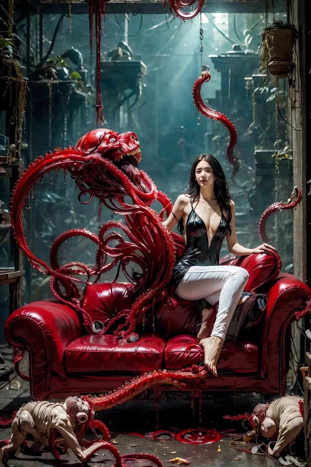 (masterpiece, best quality:1.2),comic storyboard,solo,,1beautiful girl, long hair,smile,barefoot,lace bodysuit, shiny leggings, blush,breasts,cleavage,crossed legs,large breasts,leg tattoo,lips,lipstick mark,long hair,smile,toenail polish,toenails,) sitting,couch,cuts,defloration,dirty,smoke,indoor,(rich background, film shooting, depth of field, Super visual, The art of HR Giger and Beksinski comes together in this detail, Grim, skeletons:1.5,Flowing saliva:1.5,Bare brains on the wall,beauitful , mucus:1.5,Pepperoni:2,A large number of homogeneous species:1.5,SPR:1.5,Psychedelic background,Dark horror scene. Sharp images, Use edge lights to render at 8K resolution, It shows a terrifying environment full of Lovecraft's tentacles,They twist and pulsate in neon lights. HDR lighting creates complex and detailed shadows on a distorted background, Mutant humanoid. Distorts the environmental structure due to glitch and distortion effects, Surreal and dreamlike elements,Such as a floating inverted structures and decaying flesh,Create a feeling of disturbing and disorientation. Religious and mystical symbols are scattered against an intricate backdrop,Add a touch of supernatural horror to this already insanely terrifying masterpiece,),femdom,ezh