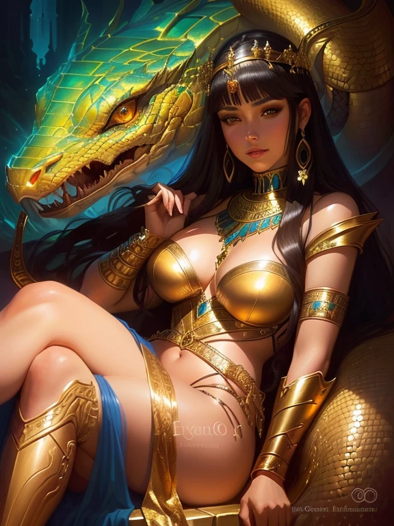 Close-up:A woman in costume sitting on a dragon, Snake King, Mrs. Elche, Scorpion Goddess Portrait, Cleopatra portrait, beautiful Cleopatra, Cleopatra, Very detailed and beautiful fan art, alta fantasia. Royo, Epic fantasy art style HD, ((beautiful fantasy queen)), Rodolfo Escalera, Holy Snake Images