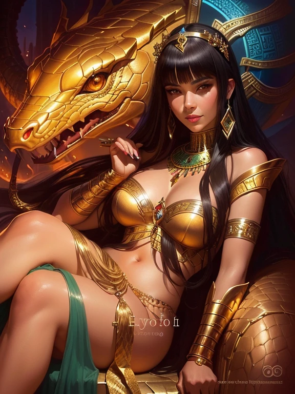 Close-up：A woman in costume sitting on a dragon, Snake King, Mrs. Elche, Scorpion Goddess Portrait, Cleopatra portrait, beautiful Cleopatra, Cleopatra, Very detailed and beautiful fan art, alta fantasia. Royo, Epic fantasy art style HD, ((beautiful fantasy queen)), Rodolfo Escalera, Holy Snake Images