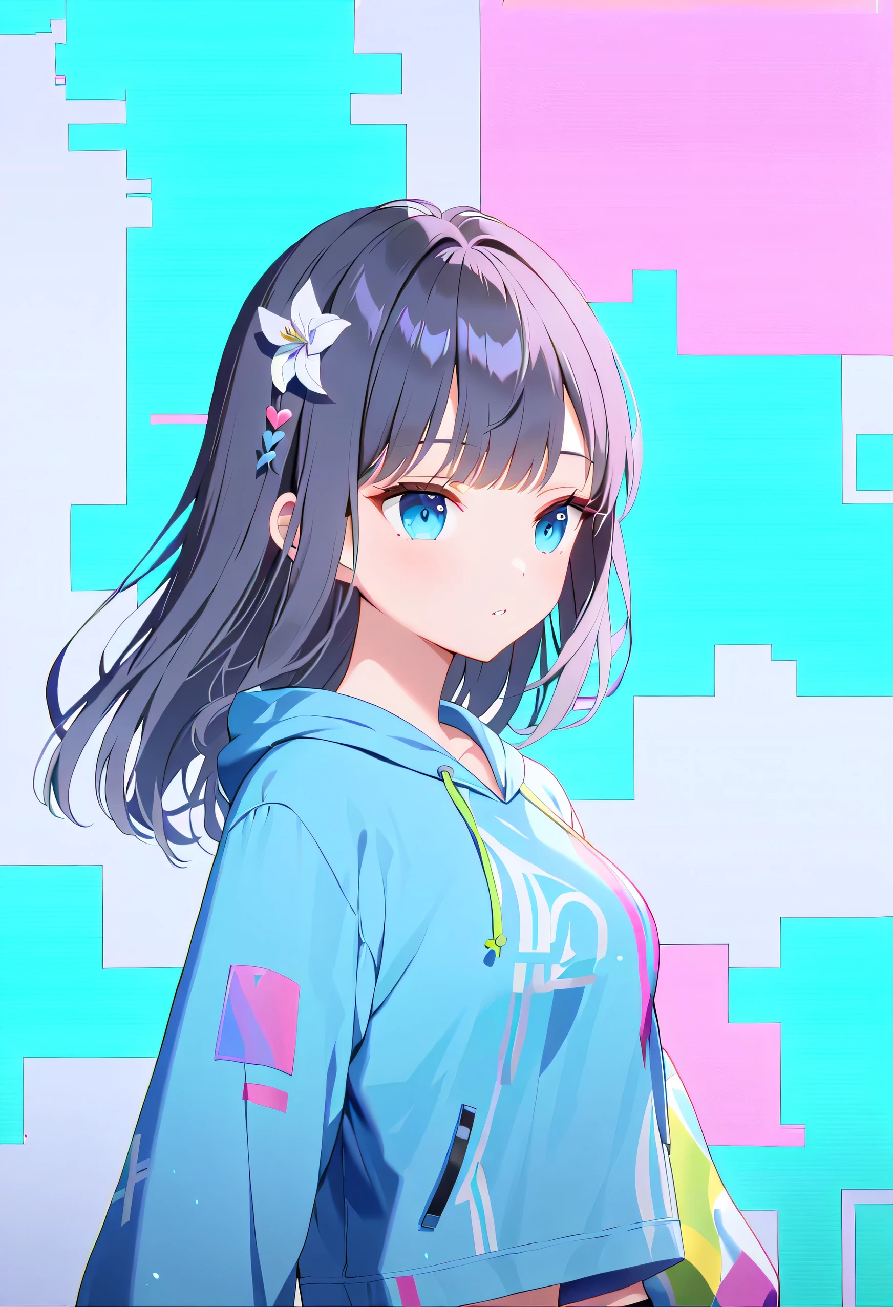 masterpiece, best quality, high quality, highres, absurdres, 1girl, glitch art, (digital distortion):1.2, pixelated fragments, data corruption, colorful noise, visual chaos, contemporary aesthetics, lily (vocaloid), anime style digital art, anime style work, anime digital art, ultra hd anime wallpaper, anime styled digital art