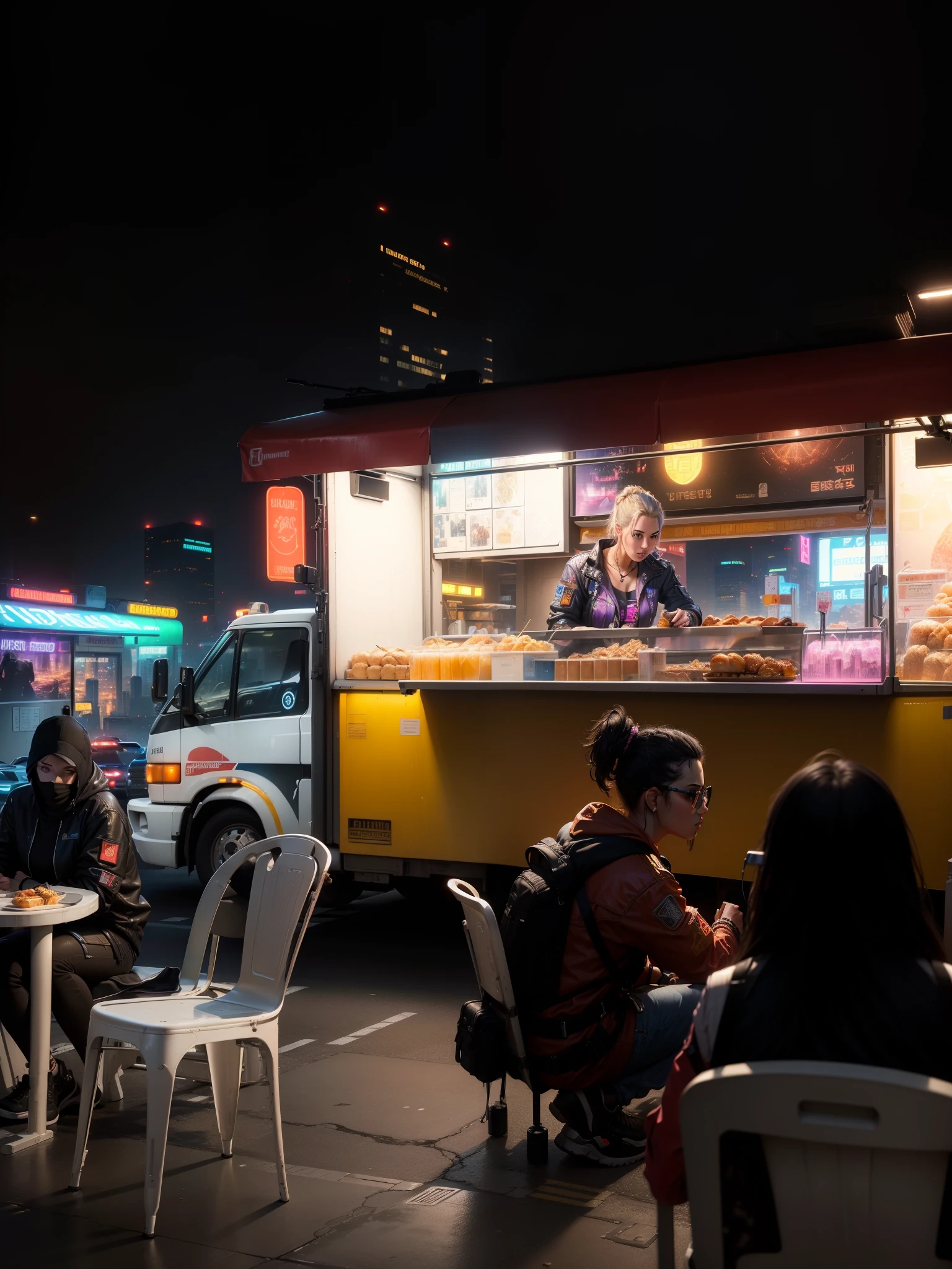 (highres,masterpiece:1.2),ultra-detailed,(realistic,photorealistic,photo-realistic:1.37),cyberpunk city, illuminated sky, neon lights, view from street level, futuristic city, metropolis, city central, food truck, street food, night 