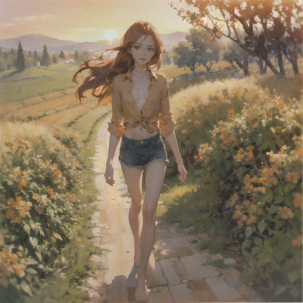 Beautiful slender thin exquisite (nude) girl 16 years old with a perfect face of the southern type with red hair with delicate beautiful expressive breasts with tender nipples barefoot with bare hips ((with red pubic hairs)) ((in an unbuttoned open light orange shirt over his naked body and short light orange shorts)) walks along a brick road in the middle of a flowering field (with a glass of wine), in a gentle watercolor style, Discreet shades, sfumato, haze, diffused dim light, delicate mint shades, imitation of film photography, (olive and grape groves, Brick Road), (High image quality, Maximum detail), (sunset lighting, Warm evening shades, warm golden and olive sunset light)