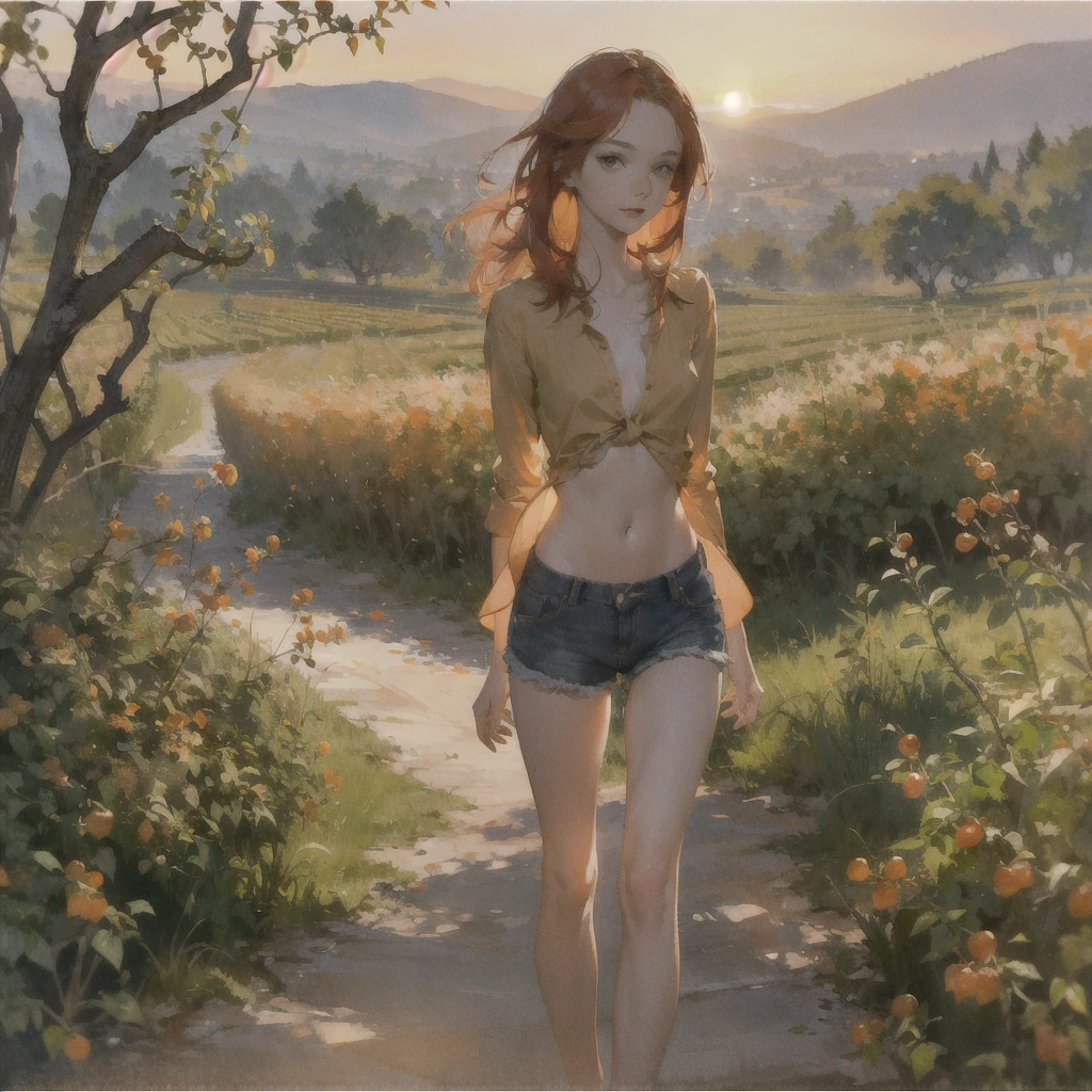 Beautiful slender thin exquisite (nude) girl with a perfect face of the southern type with red hair with delicate beautiful expressive breasts with tender nipples barefoot with bare hips ((with red pubic hairs)) ((in an unbuttoned open light orange shirt over his naked body and short light orange shorts)) walks along a brick road in the middle of a flowering field (with a glass of wine), in a gentle watercolor style, Discreet shades, sfumato, haze, diffused dim light, delicate mint shades, imitation of film photography, (olive and grape groves, Brick Road), (High image quality, Maximum detail), (sunset lighting, Warm evening shades, warm golden and olive sunset light)