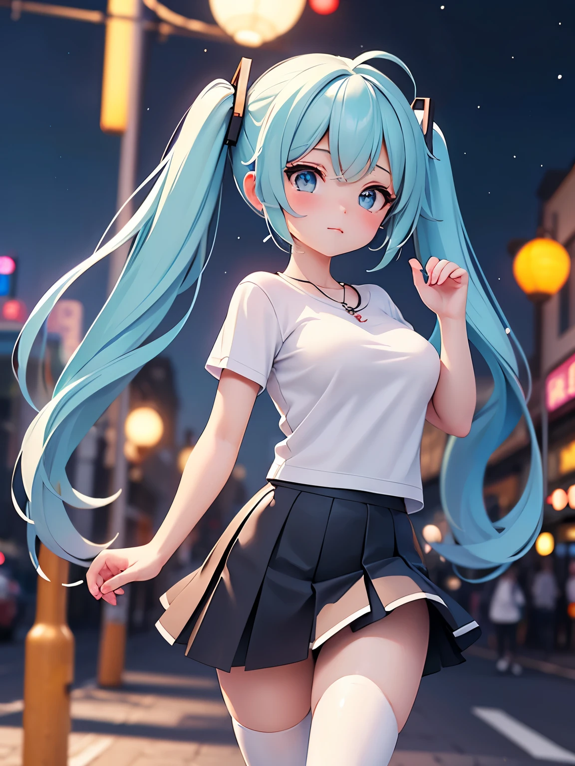 (masterpiece、highest quality、highest quality、Official Art、Beautiful and beautiful:1.2)、(One girl:1.3)Hatsune Miku、Twin tails,Big Breasts,(Half of the body is straight: 1.4), RAW UHD portrait photo of a 24 year old blonde (水colorの目の女性) Walking down a dark alley, Large Breasts,, city at night, (White crew neck T-shirt skirt), (Neckline), detailed (texture! , hair! , Glitter, color!! , demerit: 1.1), Detailed and shiny eyes (Looking at the camera), SLR Lighting, Single-lens reflex camera, super high quality, Sharpness, Depth of written boundary, Film Grain (center), Fujifilm XT3, Crystal Clear, frame center, Beautiful Face, Sharp focus, Street lamp, Neon lighting, Bokeh (It's dim), night, (night sky), detailedな毛穴, Oily skin, Sunburn, complex eye detailed, whole body, Large Breasts