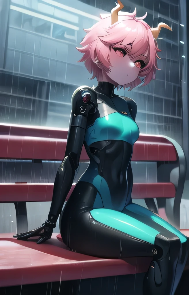 front, 1girl, pink hair, short pink hair, bright pink skin, black sclera, small horns (yellow), tired look, medium breasts, plug suit (black), plug holes on limbs, tight fit, curves, sitting on bench, rain, rain drops, street, cyberpunk, cyborg arm, cyborg hand, night time, neon lights, wet hair, glistening suit, glistening skin, neon lights overhead