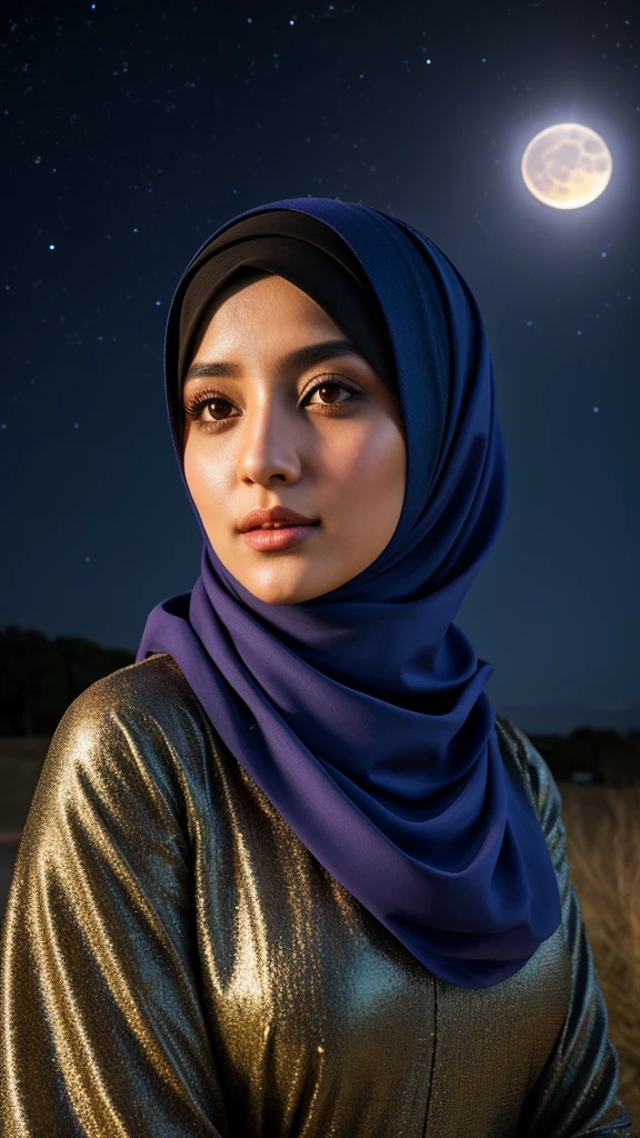 Create a single hyper realistic image of a beautifull hijab girl in an outstanding scene of full moon in a starry night, hyper realistic texture.