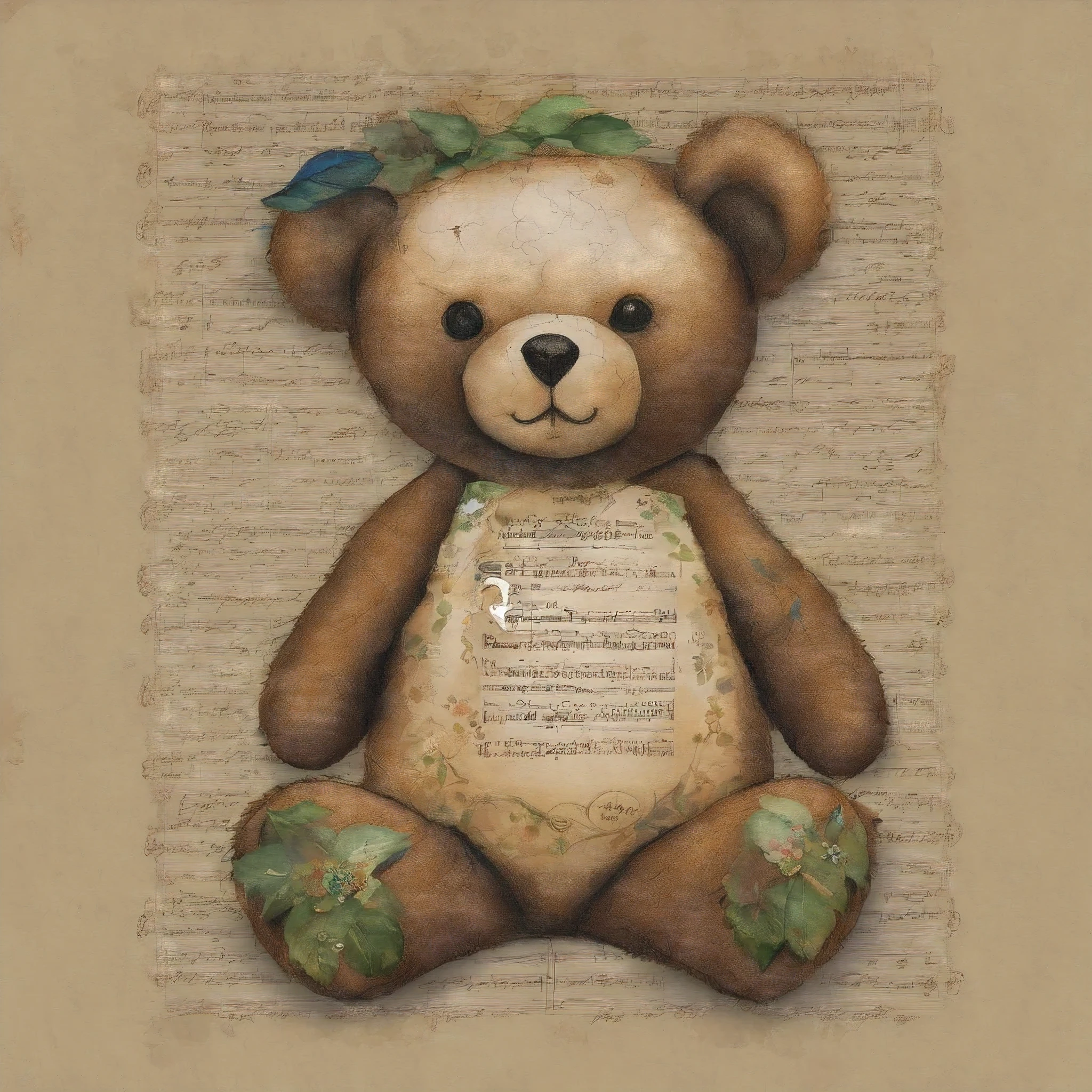 "Jlah Drofloh: A Handcrafted Plush Teddy Bear"

• The stuffed teddy bear, Jlah, stands at 2 feet tall and has a robust frame.
• Her ash brown tresses and green glass beads represent her painful experiences.
• A brass crucifix pendant hangs from her neck, symbolizing her spiritual faith.
• The bear's rotund belly features intricate needlework detailing her iconic question-mark scar from an impalement accident.
• The bear's arms extend openly, and her paws allow her to grasp objects like her creative tools.
• A small canvas, sheet music book, and journal are included in the bear's satchel bag.
• The bear embodies Jlah's story of transforming pain into purpose and offers a soft empathetic embrace.