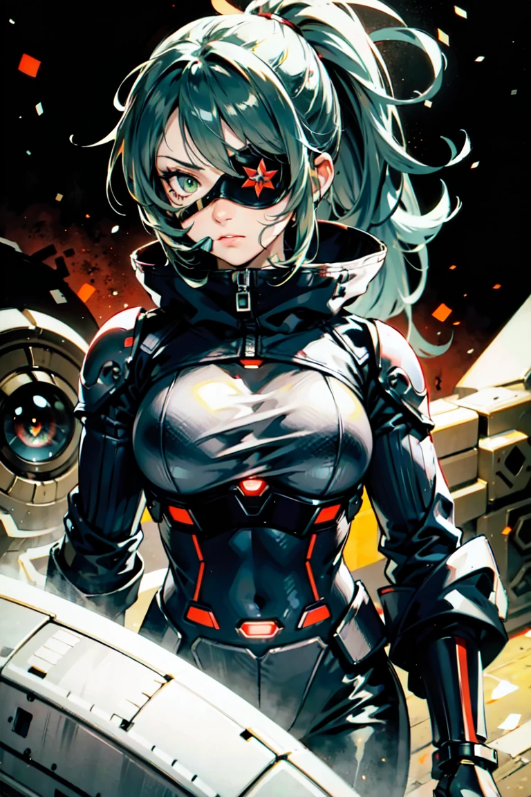 tired, annoyed, anime cat woman, green eyes and light green hair, cybernetic eye prosthesis, eye patch, face scar, sci-fi, mecha outfit, cybersuit, techwear, missing eye, burns, red eye prosthesis, muscular, messy ponytail, loose clothes, smaller breasts, single character, long jacket, space background, 1girl, solo, fully clothed, glowing eye