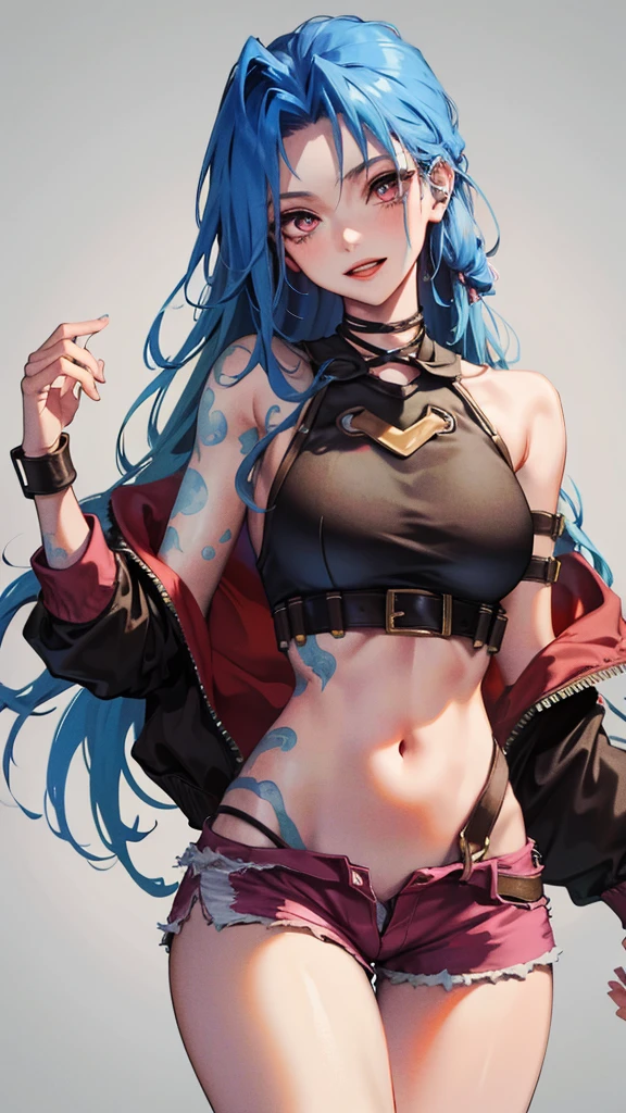 young girl, long blue hair, Two long pigtails, red eyes, smirk, tattoo, Black Top, open belly, flat chest, pink pants, Jinx(League of Legends), Masterpiece, hiquality, 4k, HD, Good detail