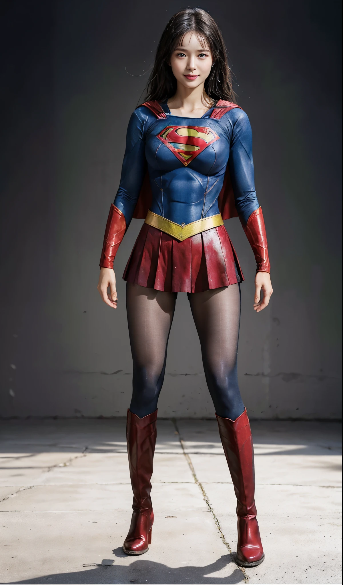 No background、(((Beautiful legs in black tights.)))、(((Legally express the beauty of your smile)))、((((Make the most of your original images)))、(((Supergirl Costume)))、(((Beautiful Hair)))、(((suffering)))、(((Please wear black tights....、Wear red boots)))、((Best image quality、8k))、((highest quality、8k、masterpiece:1.3))、(((Preserve background )))、Sharp focus:1.2、Beautiful woman with perfect figure:1.4、Slim Abs:1.2、Wet body:1.5、Highly detailed face and skin texture、8k