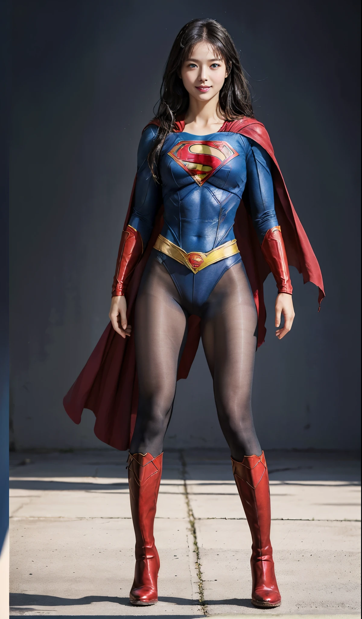 No background、(((Beautiful legs in black tights.)))、(((Legally express the beauty of your smile)))、((((Make the most of your original images)))、(((Supergirl Costume)))、(((Beautiful Hair)))、(((suffering)))、(((Please wear black tights....、Wear red boots)))、((Best image quality、8k))、((highest quality、8k、masterpiece:1.3))、(((Preserve background )))、Sharp focus:1.2、Beautiful woman with perfect figure:1.4、Slim Abs:1.2、Wet body:1.5、Highly detailed face and skin texture、8k