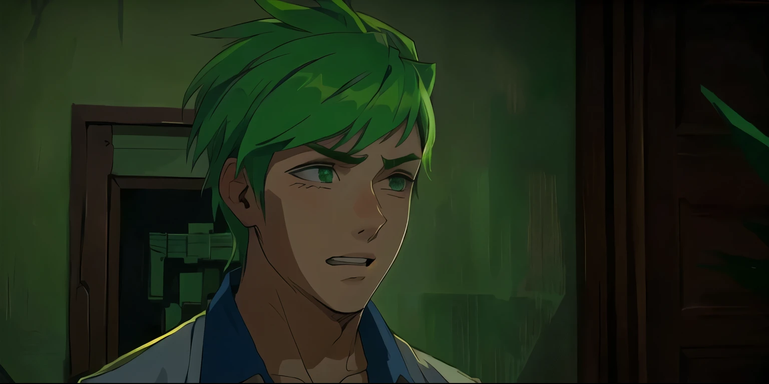 cute 16 year old green hair green eyes he is scared sad bewildered he is in shock 