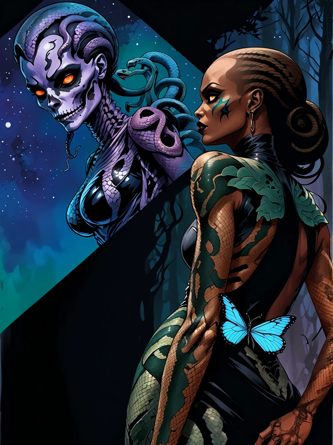 Medusa, flat, hand drawn, line drawing, 2d, a different shade of blue, showcase intricate ornate ominous blue butterfly skeleton tattoo on back musculature, detailed precise accurate blue butterfly tattoo, splash page decompressed comic cover art, ink style figure,((expressive Joelle Jones and "Sean Gordon Murphy" comic drawing)), wordless, cinematic poster, double exposure, optical illusion, image within image, abyss void black no visibility darkness, full length portrait, (background, pine barrens, entropy, rewilding, magic hour sunset, galaxy stars, cosmos), (horror, abstract, surreal, body, cosmic), candid, snake skin dress, body anatomy drawn Frederic Delavier musculature anatomical illustration, (face, ornate black-metal corpsepaint, resembles Grace Jones), (body, Naga, snakefolk, lower body snake tail, snake woman hybrid, bald, hairless, skeleton, snake skin tattoos, piercing eyes, snake pupils, over the shoulder), (colors, bleak muted deep fiery radiant glowing ROYGBIV, forest green, earth brown), craftsmanship nuance, (Gerardo Zaffino charcoal), subliminal orchids, nyctophobia, silhouette