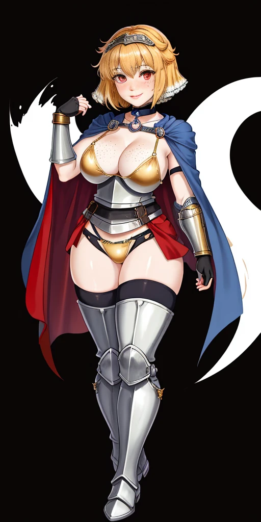 Masterpiece, (flat black background:1.2) solo, detailed face, intricate iris, thick lips, robot girl, (gold and white skin), realistic illustration of a (cyborg girl), (RED eyes), IvoryGoldAI, (freckles),(holding BREATHTAKING:1.2), (gold and white armor:1.2), (looking at viewer:1.2), parted lips, standing straight symmetrical, looking at viewer, lustful smirking smile face red blushed red cheeks, thick thighs, thigh highs, thigh, boots, armor, armored boots, full body armor, bikini armor, big breastplate, pauldron, bracers, leather black choker, tiger claws gloves, short bob white haircut, helmeted, metal shoulders, red long loincloth, longest blue cape reach to the waist, shackles and chains wristbands