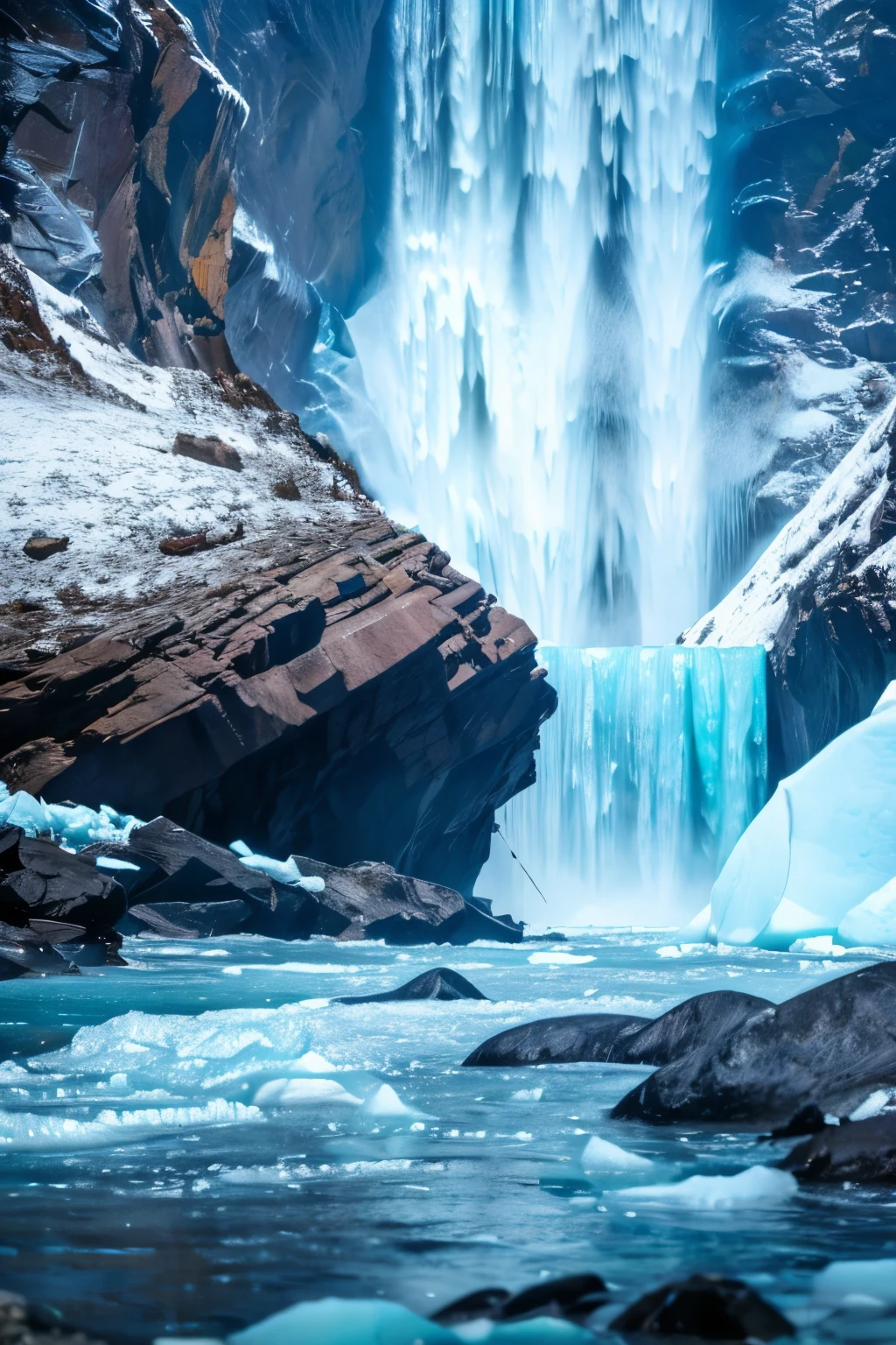 The Storm is Coming、Everest tributaries、A huge waterfall completely frozen、Ice looming before our eyes、、Close-up image