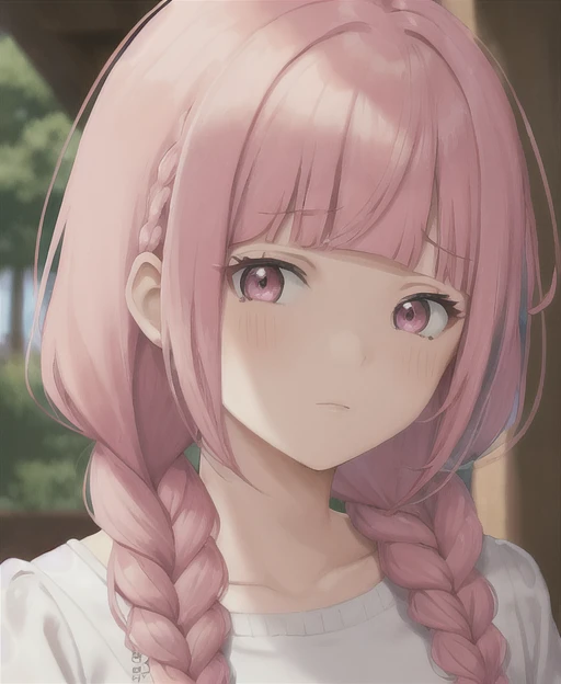 pink hair, braids hair, blunt bangs, dot eyes