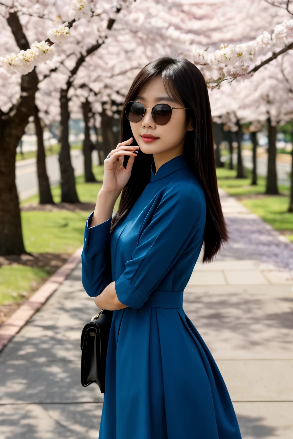 UHD, high quality, highres, 8k，Wearing a blue dress、Araffe lady wearing sunglasses standing under the tree, Cherry blossoms season, flowering, Happy Flower, Photos taken with Nikon D750, Photos taken with Nikon D750, under Cherry blossoms tree, Asian woman, Inspired by Li Di, Asian women, cherry flowering, lulu chen, There are flowers, Cherry blossoms, Wearing blue cheongsam