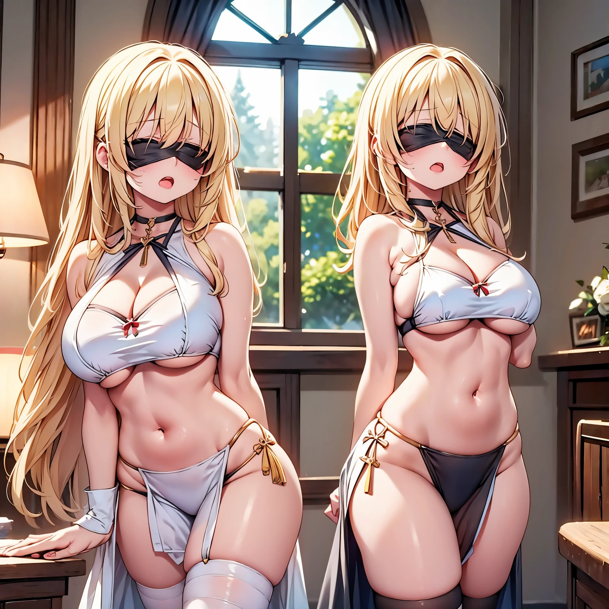 highest quality,wonderful,finely,extremely detailed CG Unity 8K wallpaper, (Stand in line:1.2), (3 girls, blonde, clothed), (huge breasts:1.2),  (cleavage cutout:1.4), (Underboob:1.4), (crop top navel:1.4), (open mouth:1.1), (long tongue:1.1), (mouth drool:1.1), (black stockings:1.1),(Thighs:1.2),(Waistline:1.2),(black blindfold, blindfold:1.5)