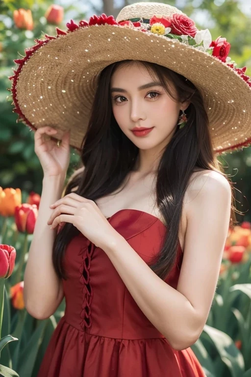 best quality, A woman in a flower red dress and hat., Ella es Mexicana, Mexican, skull, melee, catrina Hermosa mujer Mexicana, Vaquero Mexicano, 8k)), Inspired by Sim Sa Jung, Folclore Mexicano, Folklore, traditional suit, wear a hat, tulip background, sexy, smile, dynamic pose, studio shot, (1.4)
