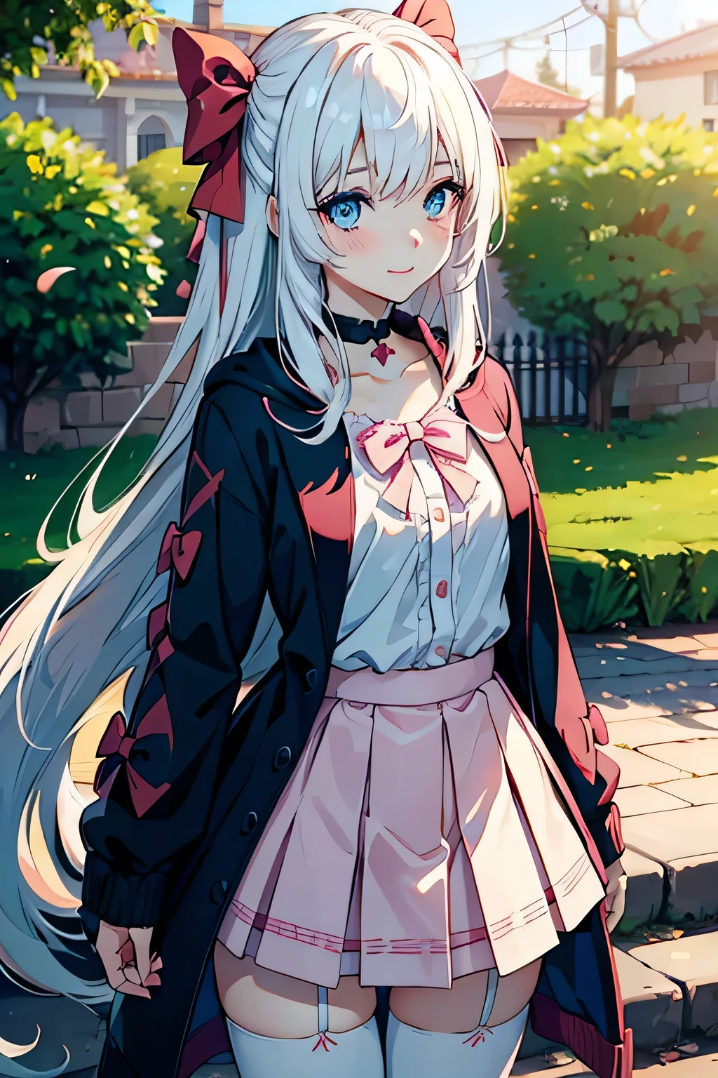 1girll, solofocus, Young women, skin blemish, Light white skin, Perfect face, Puffy face, Beautiful face, Puffy eyes, Blue eyes, Big eyes, Perfect eyes, eyeslashes, Long platinum blonde hair, bangs, Makeup, Blush, blush nose, Glitter makeup on the eyes, Detailed anime soft face, Pink clothes, A high resolution, double tails, Hair ribbon, Long sleeves, Red bow, Pink cardigan, white thighhighs, Reddish-pink plaid skirt, Red ribbon, Black choker, , Open shirt, clavicle, Outdoors, Cowboy shot, standing, Smile, with hands behind her back