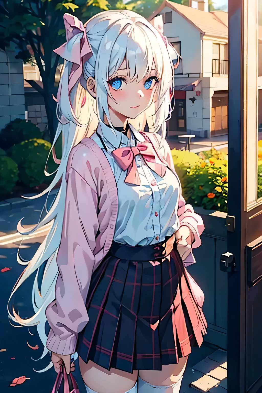 1girll, solofocus, Young women, skin blemish, Light white skin, Perfect face, Puffy face, Beautiful face, Puffy eyes, Blue eyes, Big eyes, Perfect eyes, eyeslashes, Long platinum blonde hair, bangs, Makeup, Blush, blush nose, Glitter makeup on the eyes, Detailed anime soft face, Pink clothes, A high resolution, double tails, Hair ribbon, Long sleeves, Red bow, Pink cardigan, white thighhighs, Reddish-pink plaid skirt, Red ribbon, Black choker, , Open shirt, clavicle, Outdoors, Cowboy shot, standing, Smile, with hands behind her back