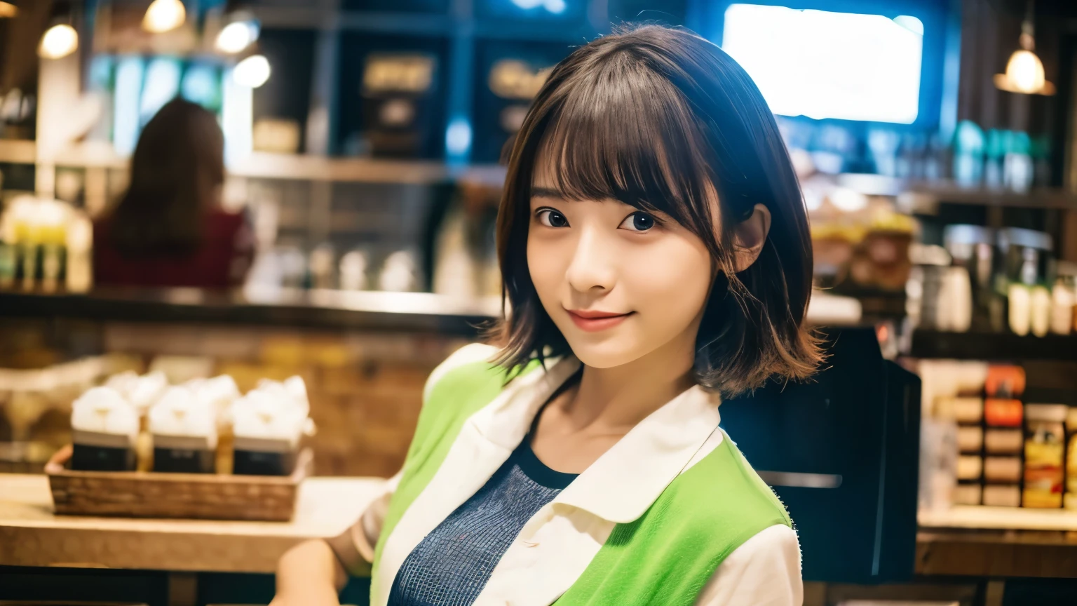 super high quality, Short Hair, Slender, Gravure photoshoot, The staff is working at the counter in the back., (8k、RAW Photos、highest quality、masterpiece:1.2), Japanese Idol, Shaggy, Sportswear, Stylish café, (Realistic、Photorealistic:1.37), Mesh Hair, Normal chest, Urban Cafe, Golden Ratio, Raw photo, Cute face , Light Brown Hair, Bright cafe interior, Blurred Background, Spring Clothes, A sweet expression, Watching the audience, Beautiful hairstyle, 20-year-old, Hair blowing in the wind, Neat clothes, 
