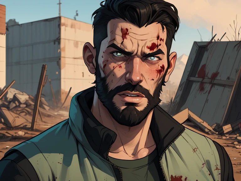 Man Style portrait Cartoon style digital illustration GTA style Fallout 4 survivor wearing refuge 101 uniform, He has black hair and a beard, he has an expression of anger and is stained with blood from battle, the scenery and destruction around him, Cartoon style, digital illustration, GTA style, portrait mode.