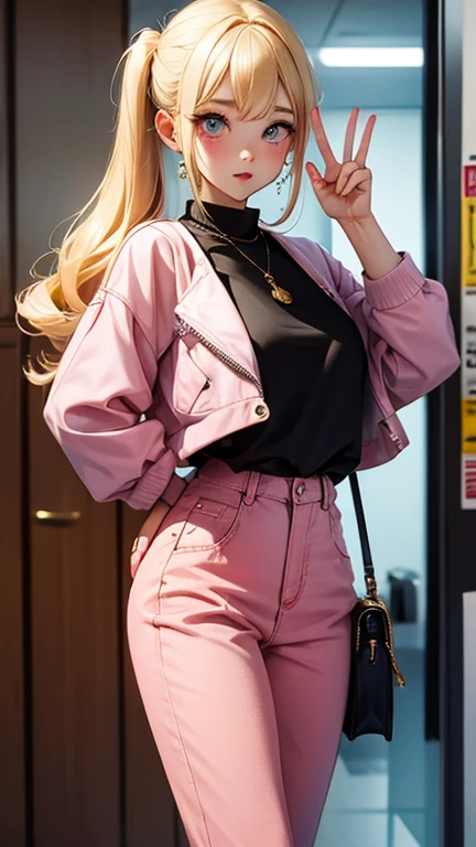 One Woman、Collar and sleeve colors are differentＴshirt、OversizedＴshirt、Pink bell bottoms、A woman being photographed by a friend、peace sign、pov、Gold hair color、(straight twin tails)、fun