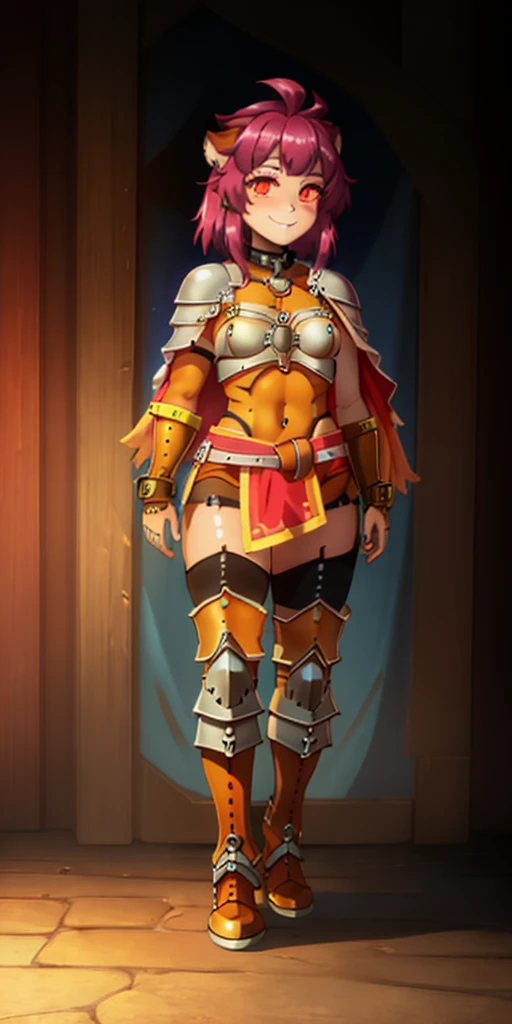 Masterpiece, (flat black background:1.2) solo, detailed face, intricate iris, thick lips, robot girl, (gold and white skin), realistic illustration of a (cyborg girl), (RED eyes), IvoryGoldAI, (freckles),(holding BREATHTAKING:1.2), (gold and white armor:1.2), (looking at viewer:1.2), parted lips, standing straight symmetrical, looking at viewer, lustful smirking smile face red blushed red cheeks, thick thighs, thigh highs, thigh, boots, armor, armored boots, full body armor, bikini armor, big breastplate, pauldron, bracers, leather black choker, tiger claws gloves, short bob white haircut, helmeted, metal shoulders, red long loincloth, longest blue cape reach to the waist, shackles and chains wristbands