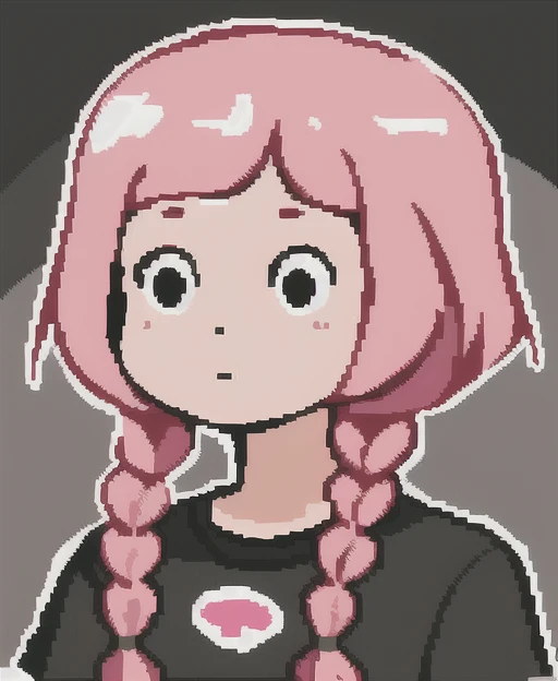 pink hair, braids hair, blunt bangs, dot eyes, pixel art