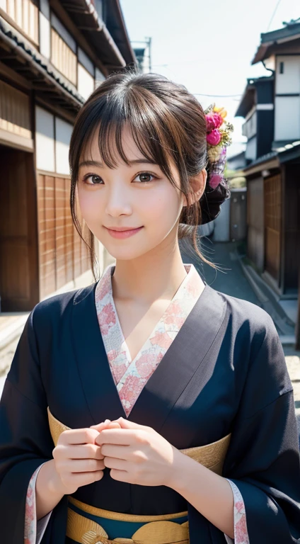 Professional Lighting,(Photorealistic:1.4), (Top image quality:1.0), (超A high resolution:1.0), 8k, Raw photography, (masterpiece:0.2), (Facing the children_v1:0.5)、(最高quality Detail:1.2)、Realistic、8K Ultra HD、High resolution、(1 girl:1.2)、超detailedな、High quality textures、複雑なdetailed、detailed、Very detailed CG、High quality shadows、detailed 美しく繊細な顔、Beautiful details and a delicate eye、(Symmetrical eyes:1.2),Written boundary depth、Ray Tracing,1 girl, Japanese Girls, (Natural smile:1.4),cute, thin, Portrait of a beautiful Japanese woman wearing a kimono, Standing elegantly on a street corner in Kyoto. Kimono with vibrant traditional patterns, Hair decorated with elegant and delicate hairpins, Gentle expression. (With the old streets of Kyoto in the background:1.4)、The soft light of a spring afternoon、Adding tranquility to the scene. Rendered in a Realistic style with great attention to detail, High resolutionの画像.Sky Porn, Magic Hour, (Realistic:1.3), finely, quality, (Tabletop:1.2), (Realistic:1.2), (最高quality), (複雑なdetailed), dramatic, Ray Tracing, photograph, +roller