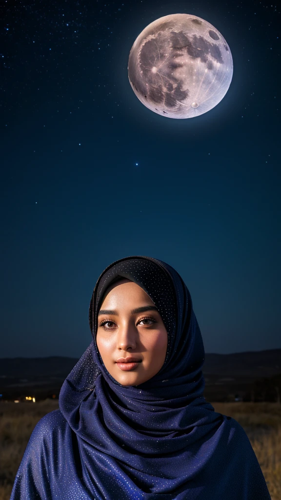 Create a single hyper realistic image of a beautifull hijab girl in an outstanding scene of full moon in a starry night, hyper realistic texture.