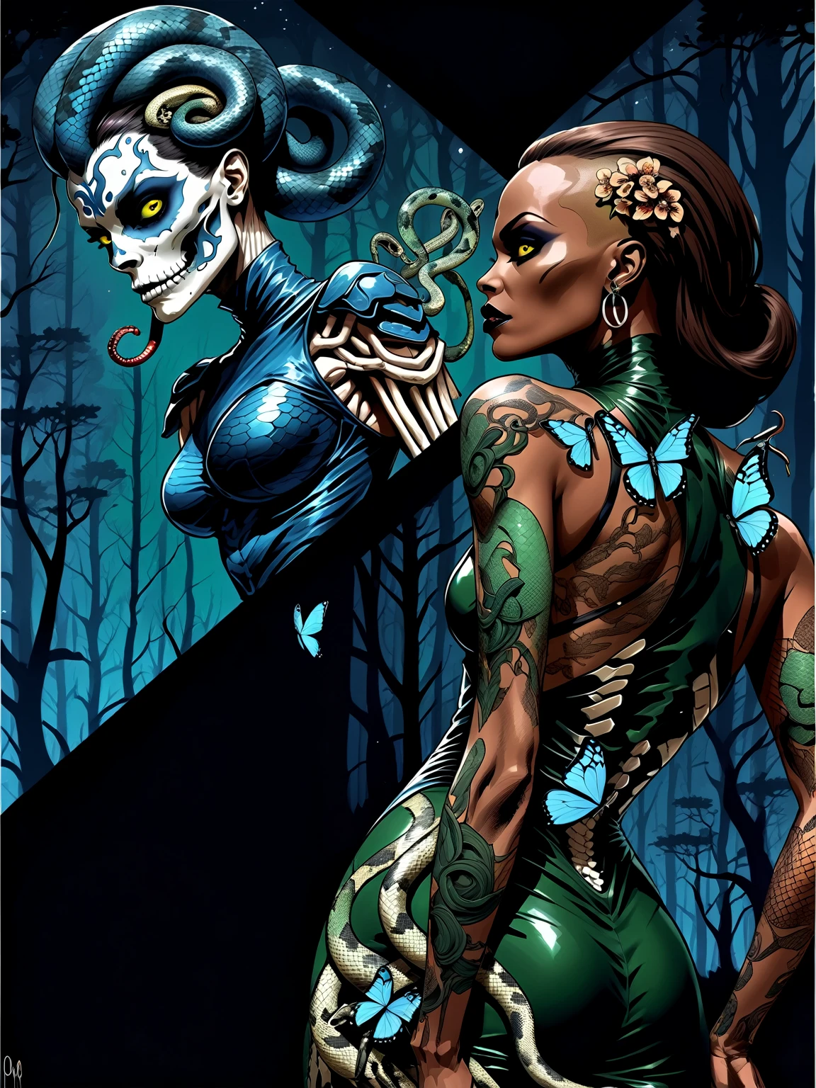 Medusa, a different shade of blue, showcase intricate ornate ominous blue butterfly skeleton tattoo on back musculature, detailed precise accurate blue butterfly tattoo, splash page decompressed comic cover art, ink style figure,((expressive Joelle Jones and "Sean Gordon Murphy" comic drawing)), wordless, cinematic poster, double exposure, optical illusion, image within image, abyss void black no visibility darkness, full length portrait, (background, pine barrens, entropy, rewilding, magic hour sunset, galaxy stars, cosmos), (horror, abstract, surreal, body, cosmic), candid, snake skin dress, body anatomy drawn Frederic Delavier musculature anatomical illustration, (face, ornate black metal corpse paint, resembles Grace Jones), (body, Naga, snakefolk, lower body snake tail, snake woman hybrid, bald, hairless, skeleton, snake skin tattoos, piercing eyes, snake pupils, over the shoulder), (colors, bleak muted deep fiery radiant glowing ROYGBIV, forest green, earth brown), craftsmanship nuance, (Gerardo Zaffino charcoal), subliminal orchids, nyctophobia, silhouette